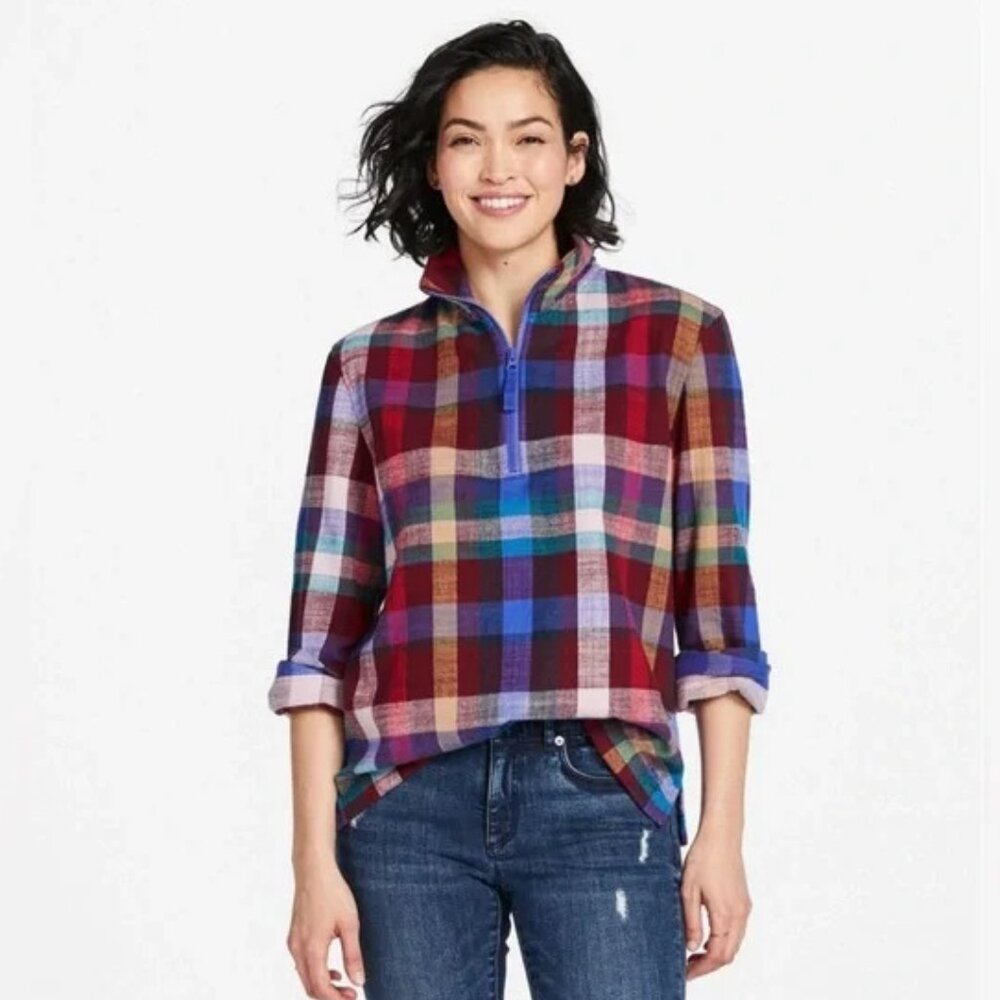 L.L. Bean Signature Quarter Zip Flannel Top, Plum Plaid, Plum Plaid, Size S